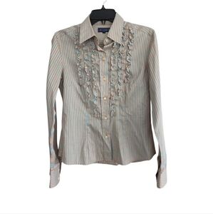 J McLaughlin Women Button up Shirt Sz 4 Blue Orange Stripe Ruffles Office